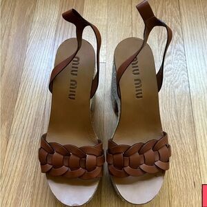 Miu Miu Tan Braided Wedges